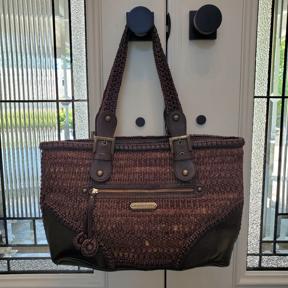ISABELLA FIORE Leather Woven Large Shoulder Bag Handbag Brown